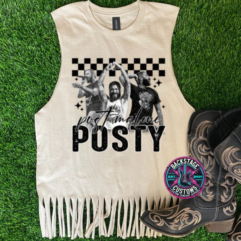 Fringed Graphic Tank Top - Beige POSTY Design